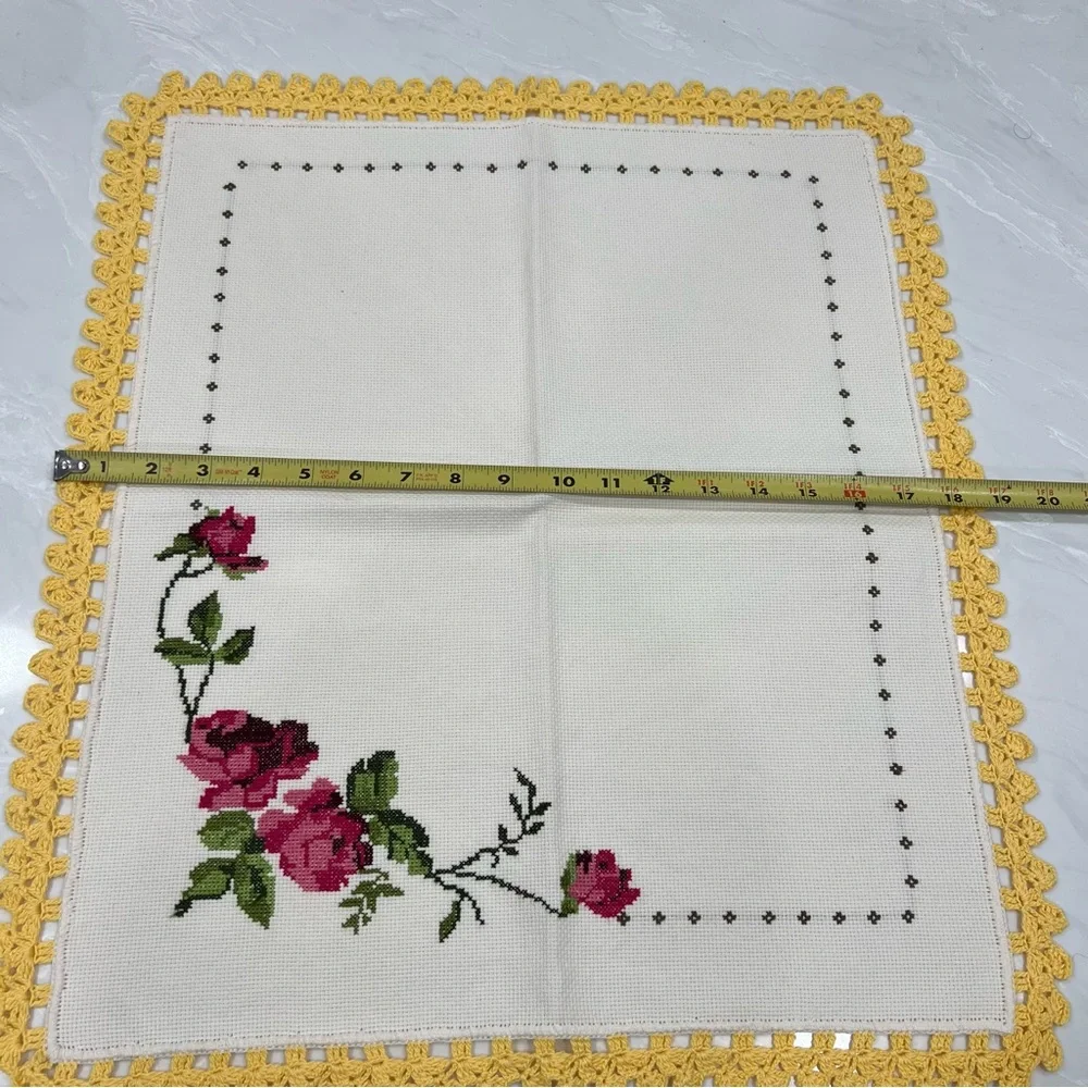 Handmade Floral Cross Stitch Embroidered Floral Accent with Yellow Trim Cottage